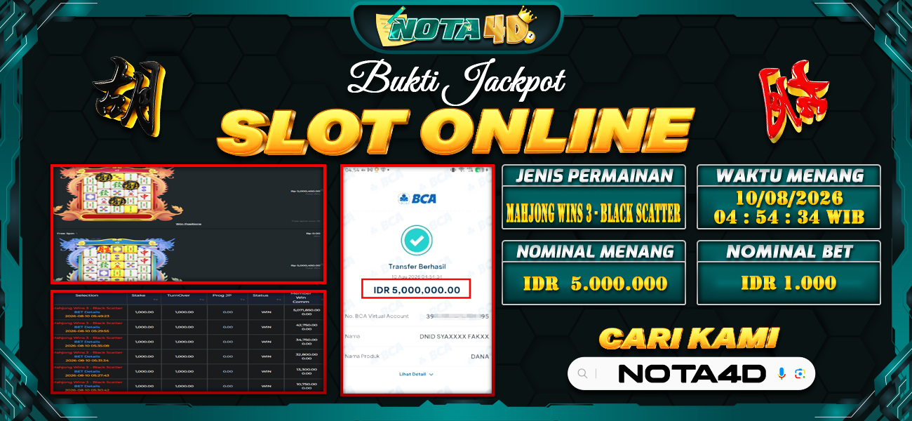 Bukti Kemenangan Besar Dibayar lunas Member NOTA4D RP 5.000.000, 10 Agustus 2026