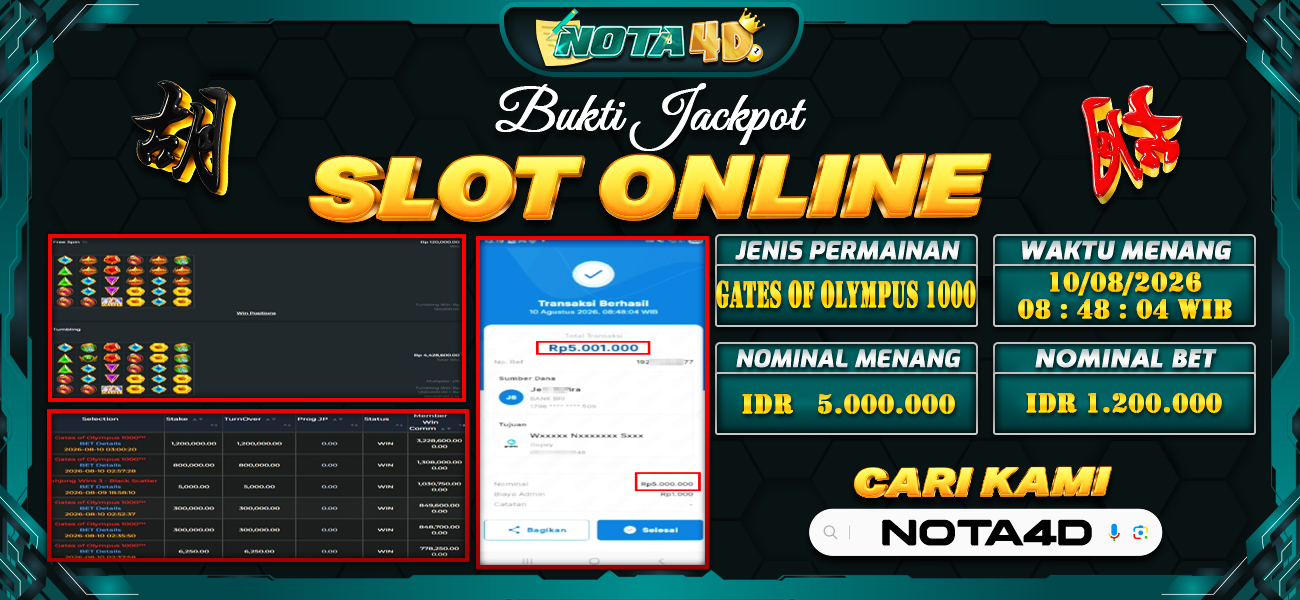 Bukti Kemenangan Besar Dibayar lunas Member NOTA4D RP 5.000.000, 10 Agustus 2026