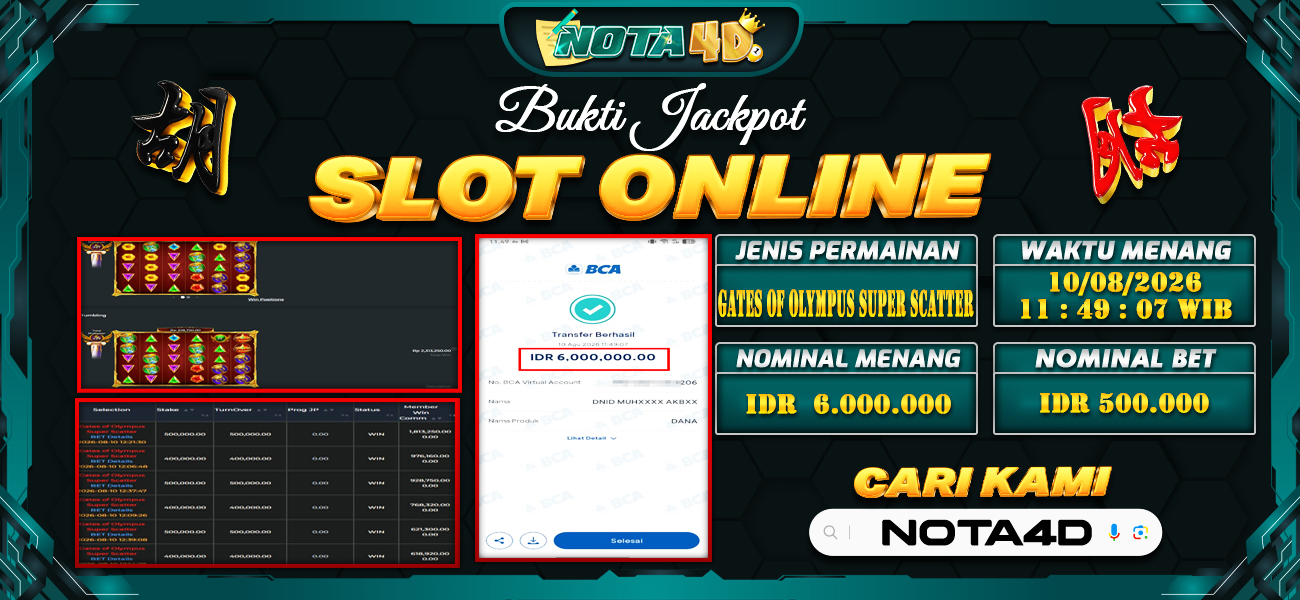 Bukti Kemenangan Besar Dibayar lunas Member NOTA4D RP 6.000.000, 10 Agustus 2026