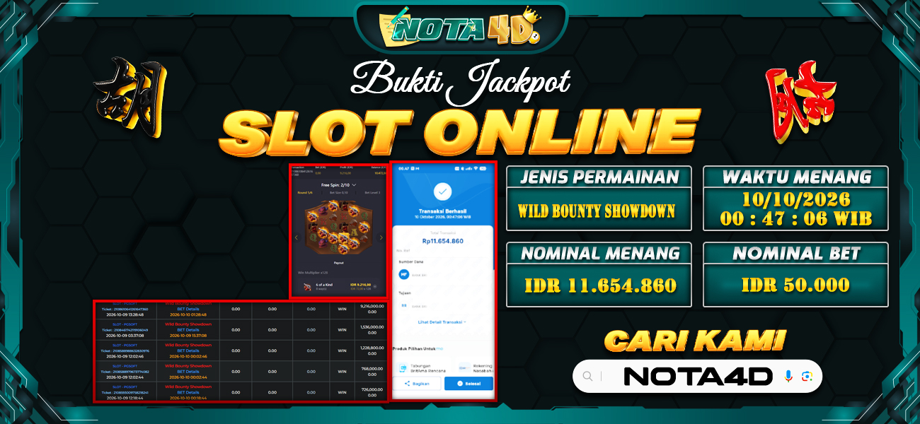 Bukti Kemenangan Besar Dibayar lunas Member NOTA4D RP 11.654.860, 10 Oktober 2026
