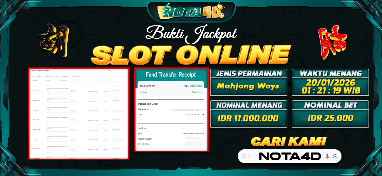 Bukti Kemenangan Besar Dibayar lunas Member NOTA4D RP 11.000.000, 20 Januari 2026