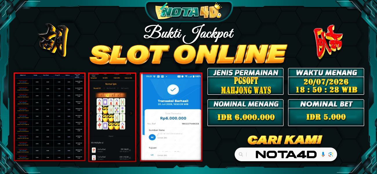 Bukti Kemenangan Besar Dibayar lunas Member NOTA4D RP 6.000.000, 20 Juli 2026
