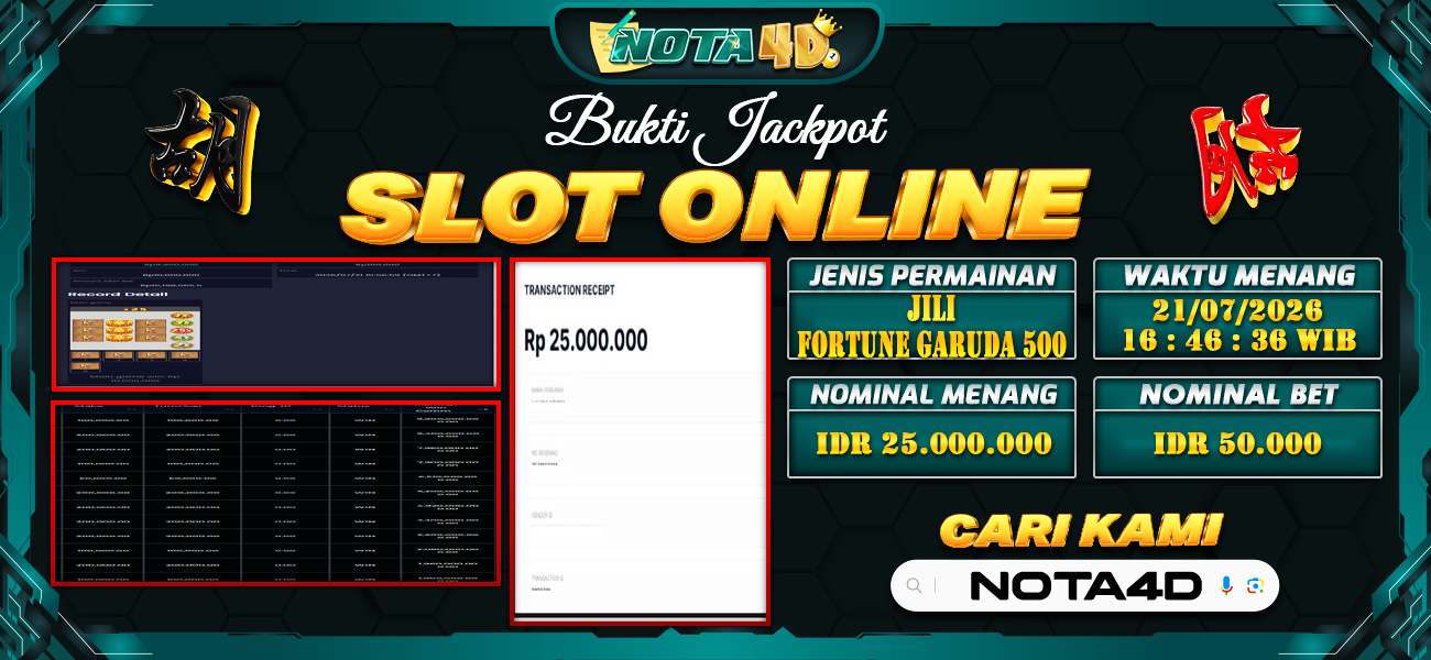 Bukti Kemenangan Besar Dibayar lunas Member NOTA4D RP 25.000.000, 21 Juli 2026