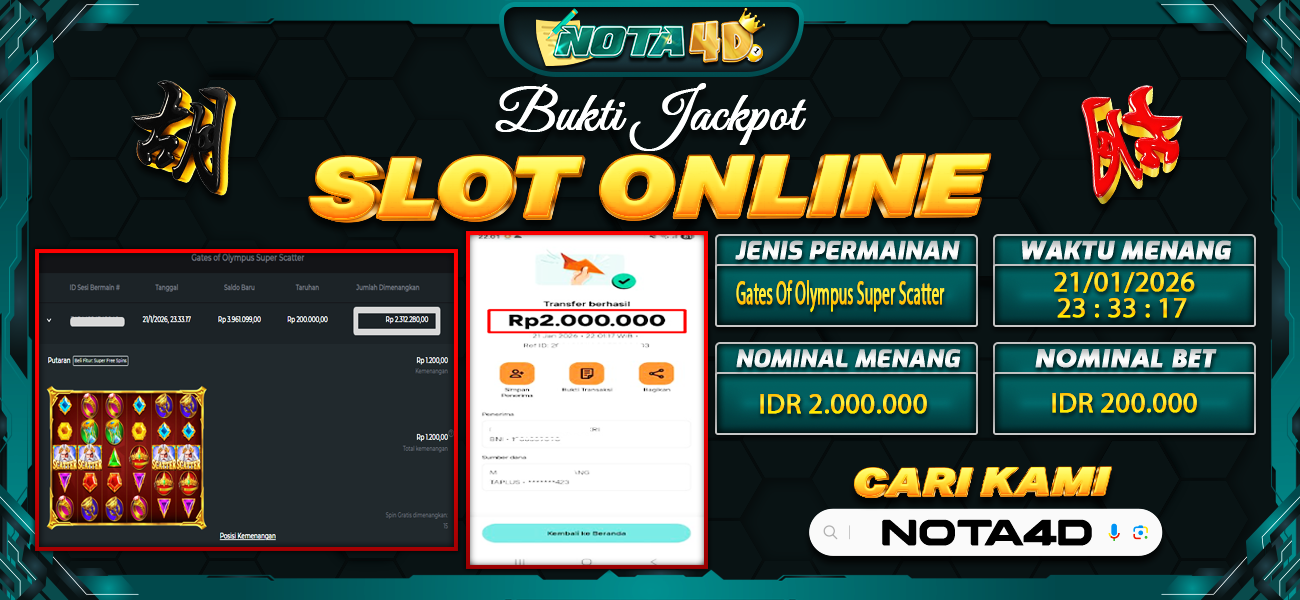 Bukti Kemenangan Besar Dibayar lunas Member NOTA4D RP 2.000.000, 22 Januari 2026