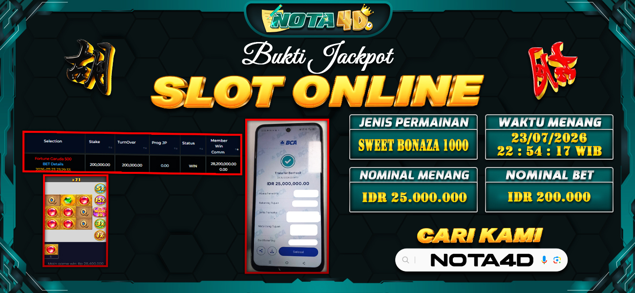 Bukti Kemenangan Besar Dibayar lunas Member NOTA4D RP 25.000.000, 23 Juli 2026