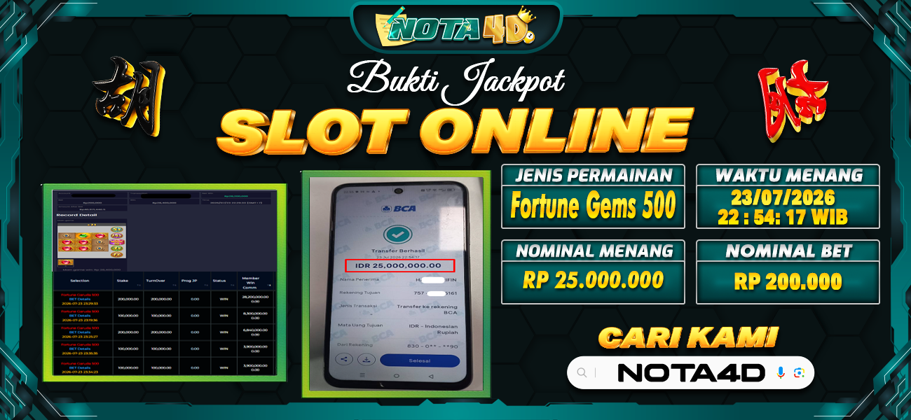 Bukti Kemenangan Besar Dibayar lunas Member NOTA4D RP 25.000.000, 23 Juli 2026