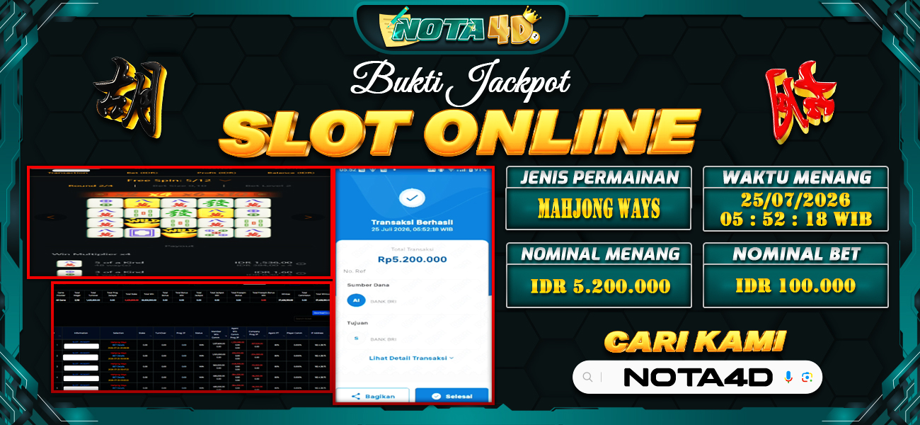 Bukti Kemenangan Besar Dibayar lunas Member NOTA4D RP 5.200.000, 25 Juli 2026