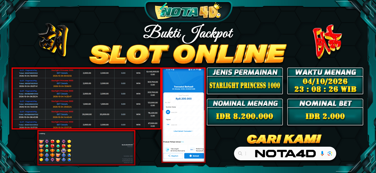Bukti Kemenangan Besar Dibayar lunas Member NOTA4D RP 8.200.000, 4 Oktober 2026