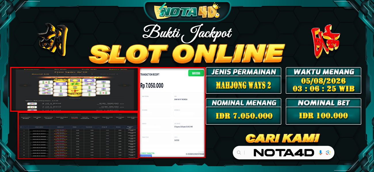 Bukti Kemenangan Besar Dibayar lunas Member NOTA4D RP 7.050.000, 5 Agustus 2026
