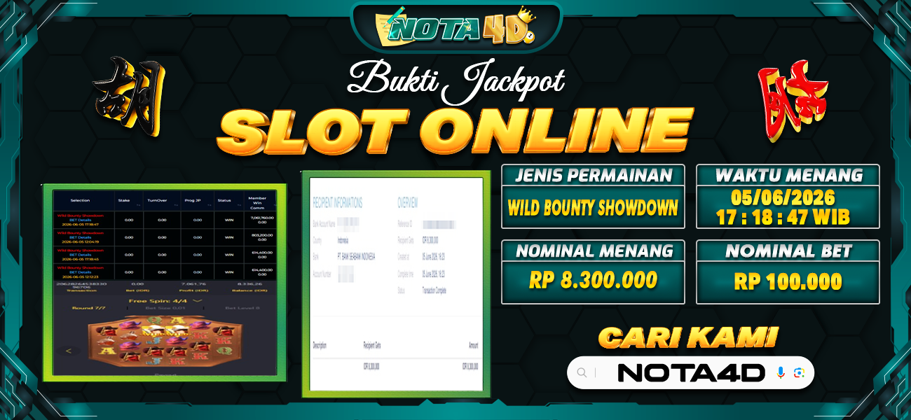 Bukti Kemenangan Besar Dibayar lunas Member NOTA4D RP 8.300.000, 5 Juni 2026
