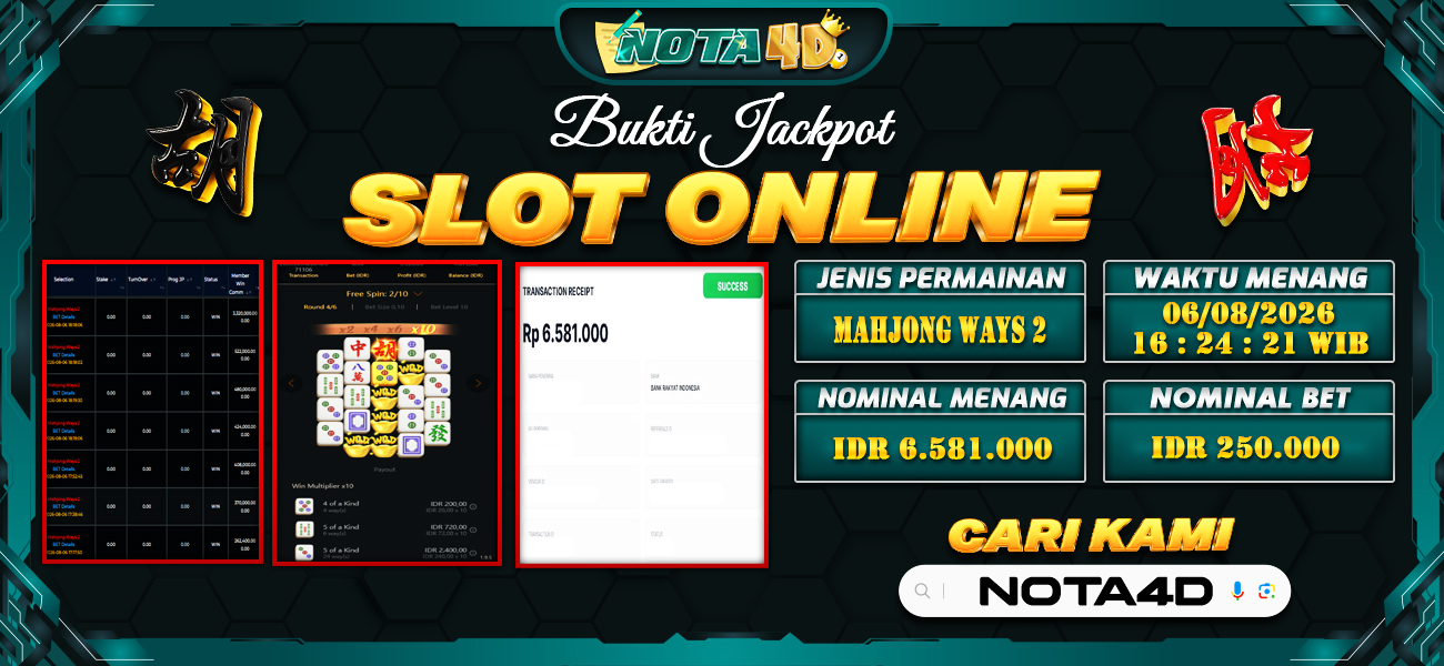 Bukti Kemenangan Besar Dibayar lunas Member NOTA4D RP 6.581.000, 6 Agustus 2026