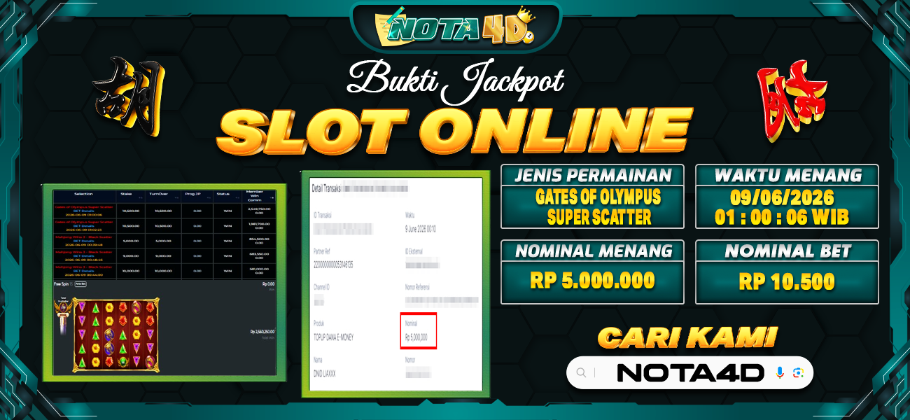 Bukti Kemenangan Besar Dibayar lunas Member NOTA4D RP 5.000.000, 9 Juni 2026